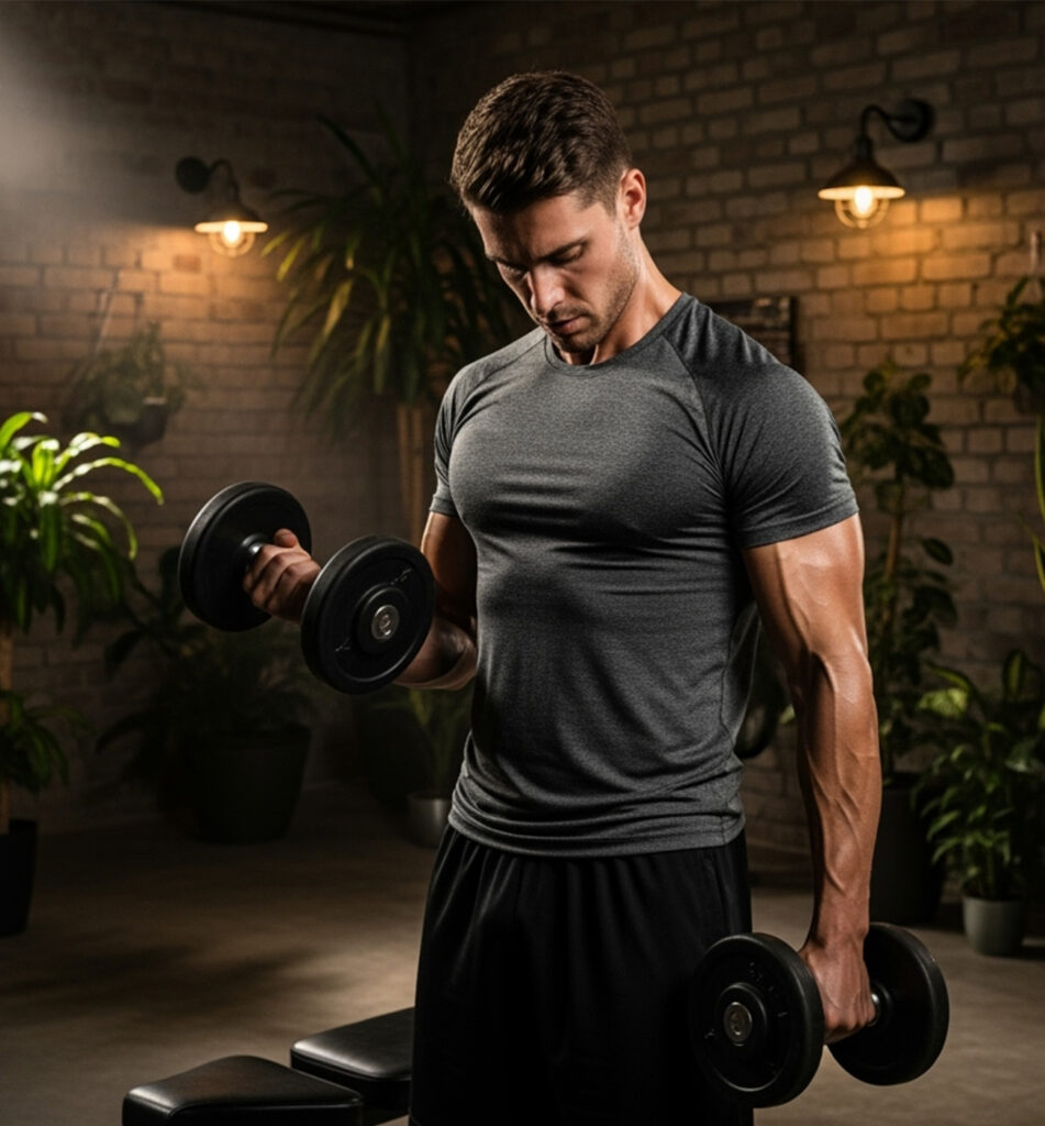 Athletic Man Performing Dumbbell Bicep Curl, Front View